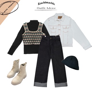 Jeans đen gập gấu mix áo khoác jeans trắng hoặc thun+gile