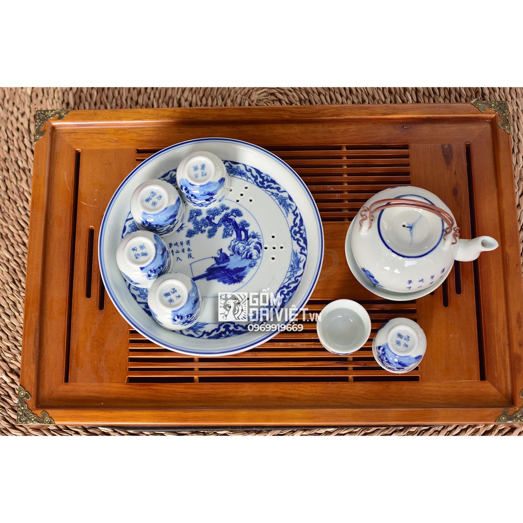 Bộ ấm chén men lam cổ Bát Tràng ông lão đánh cá khay tròn