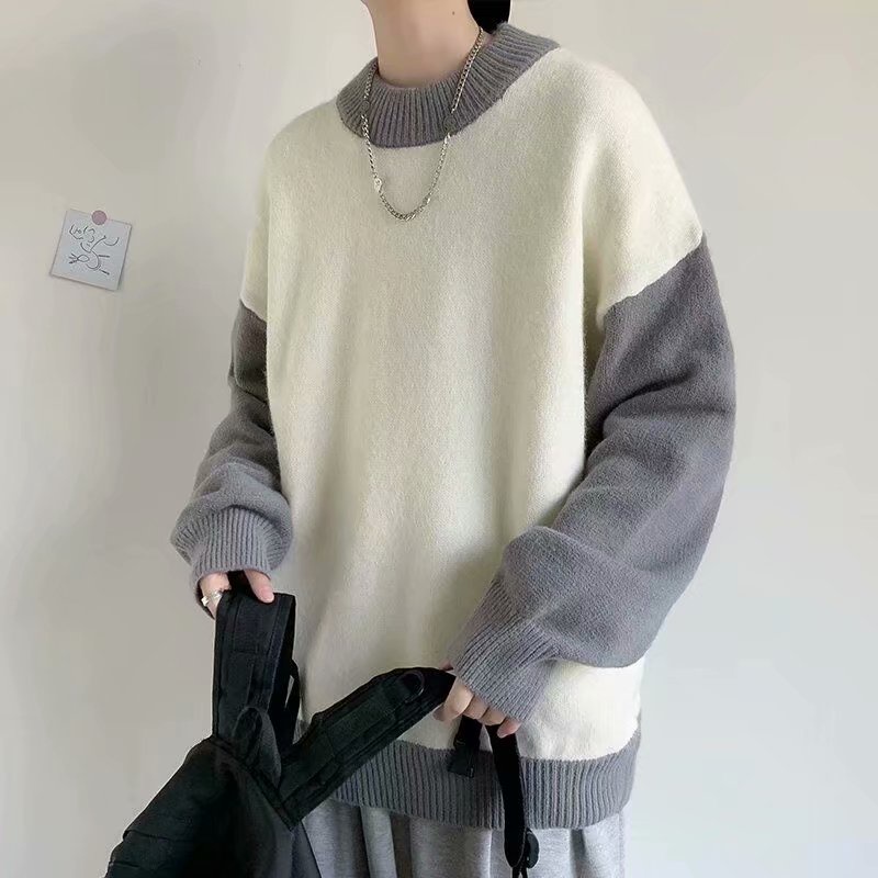 Áo len dài tay cổ tròn thời trang Hàn Quốc sweater lông trắng màu sắc tương phản dành cho áo len kiểu tay dài nam