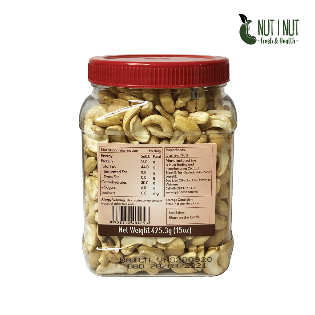 Hạt điều Nut I Nut vỡ đôi sấy tự nhiên hũ 425.3 gram - UP &amp; WIN