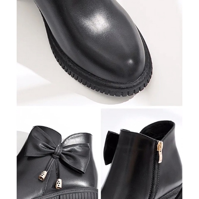 Giày Bốt nữ tính đính nơ 2 bên có khoá kéo, giày bốt cổ ngắn mặc cùng váy đế cao 5cm, giày bốt dịu dàng. | BigBuy360 - bigbuy360.vn