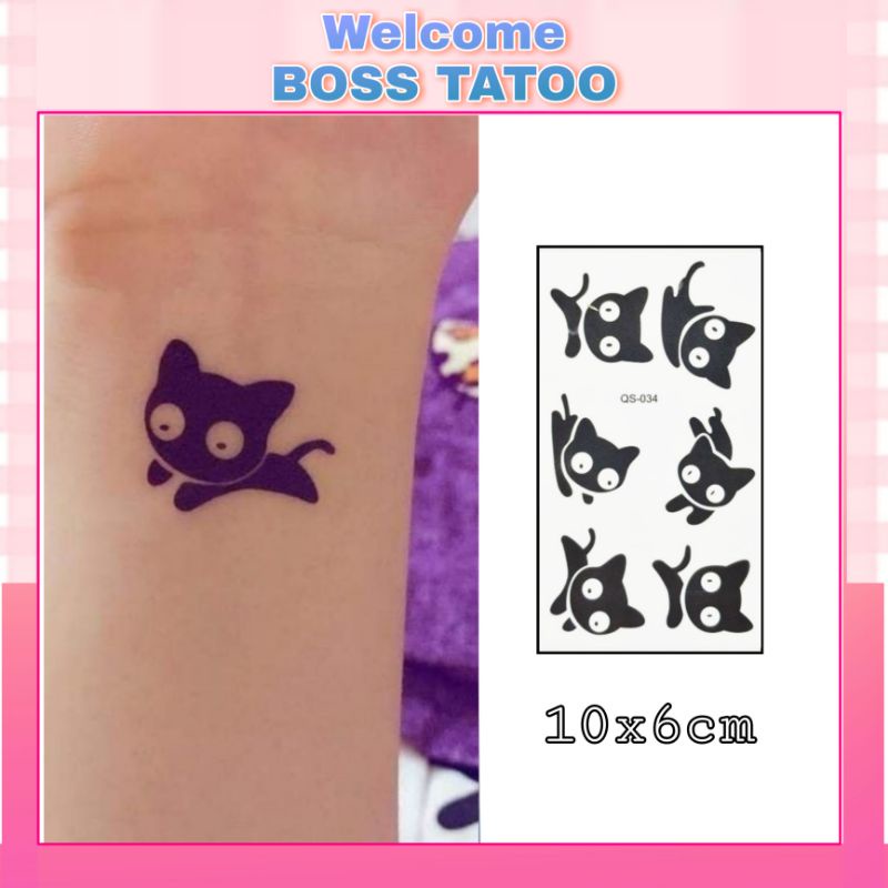 Hình xăm dán mèo mun cute qs034. Tattoo.mini.ct 10×6cm