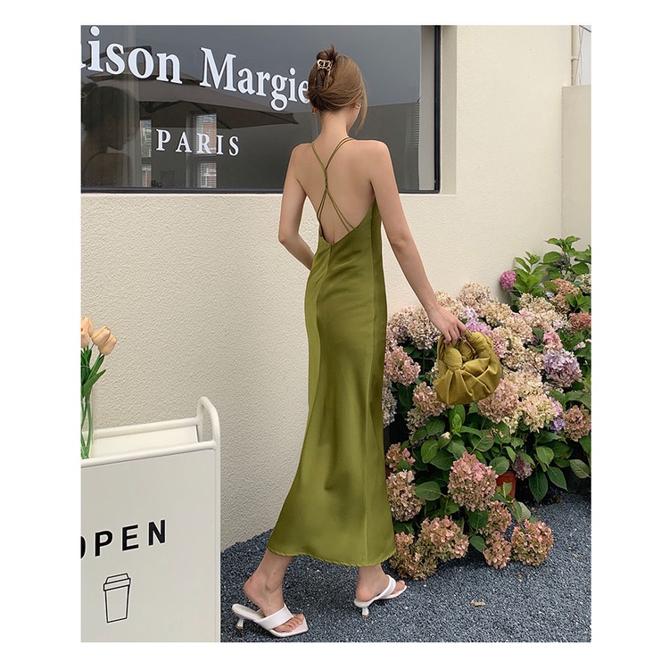 Đầm hai dây hở lưng dáng ôm màu xanh lục thời trang quyến rũ dành cho nữ