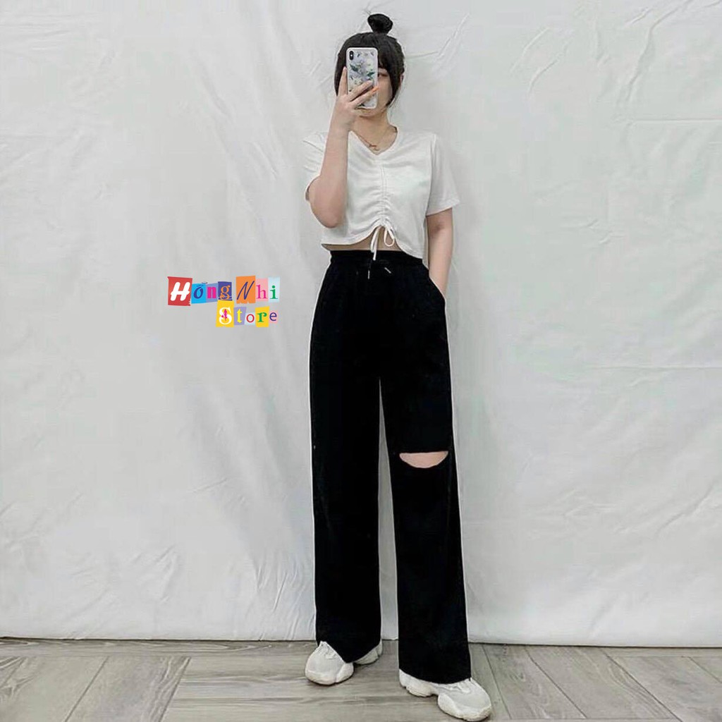 Quần Ống Rộng Rách Gối Màu Đen Lưng Thun Culottes Ulzzang Unisex - MM
