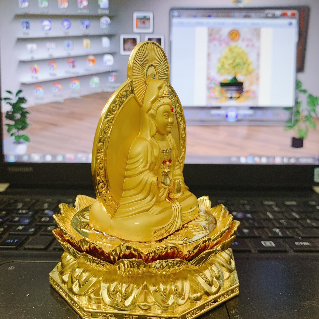 Tượng Phật Bà Quan Thế Âm Bồ Tát 2 Mặt, Đế Hoa Sen Cao Cấp Trang Trí Phòng Khách, Xe Hơi