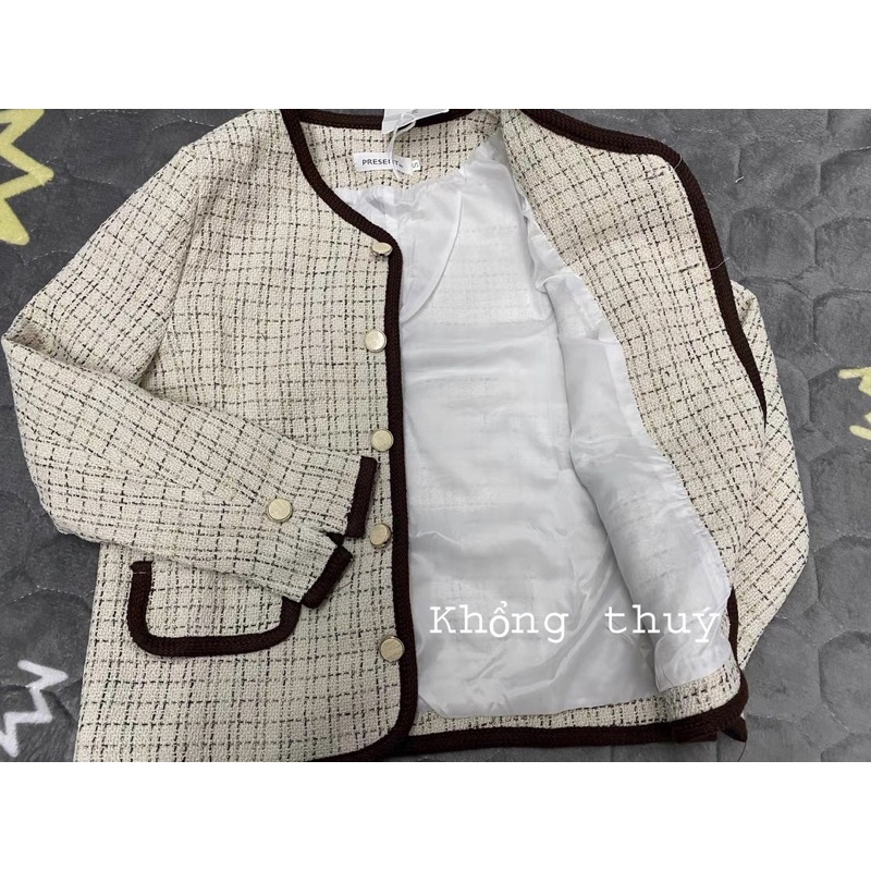 Áo dạ Tweed kẻ caro tiểu thư áo cardigan dạ dày dặn
