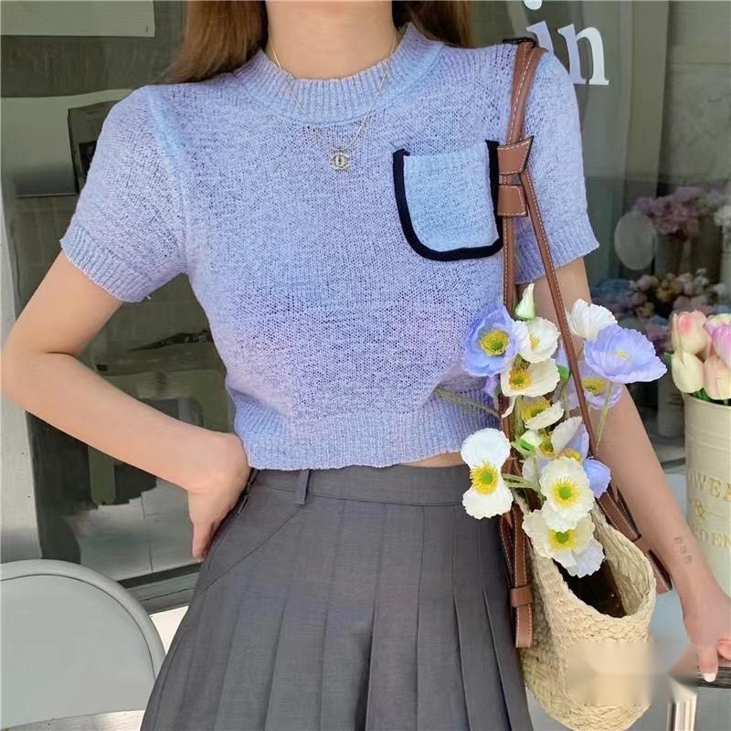 【ZHELIHANGFEI】Áo Dệt Kim Tay Ngắn Cổ Tròn Dễ Phối Đồ Hợp Thời Trang