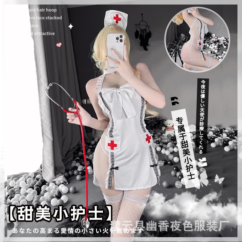 Váy ngủ Cosplay y tá đính nơ pha ren hông cao cấp 2501