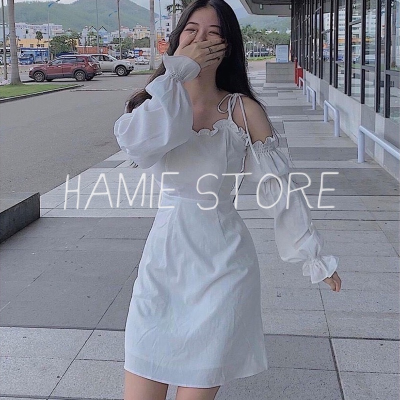 Váy tiểu thư bánh bèo trễ vai dáng xòe buộc nơ có đệm ngực HSG108, váy tay bồng điệu đà nữ tính ôm ngực