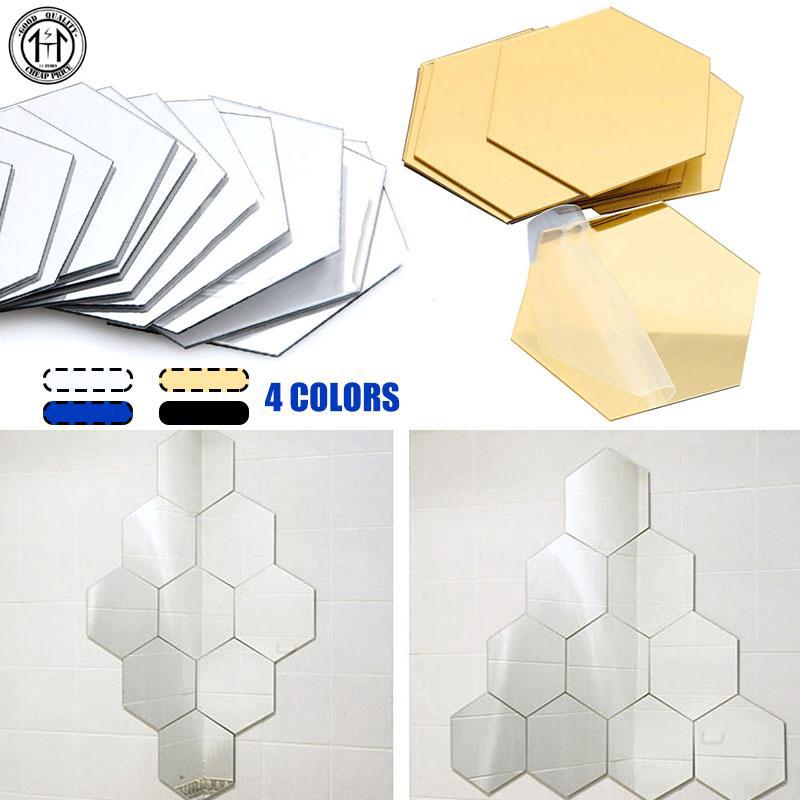 Set 12 gương dán tường hình lục giác DIY sáng tạo hiện đại gương dán tường