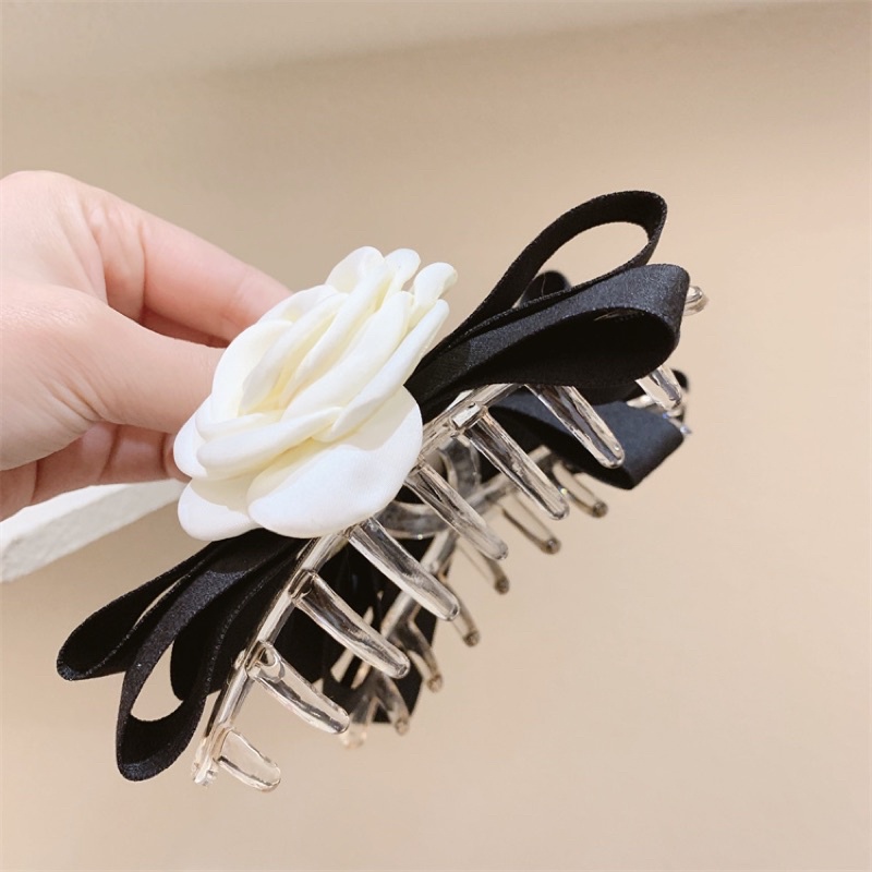 Kẹp tóc tiểu thư nơ lớn hình bông hoa hồng trà Hàn Quốc, kẹp tóc sau đầu nữ tính và tinh tế