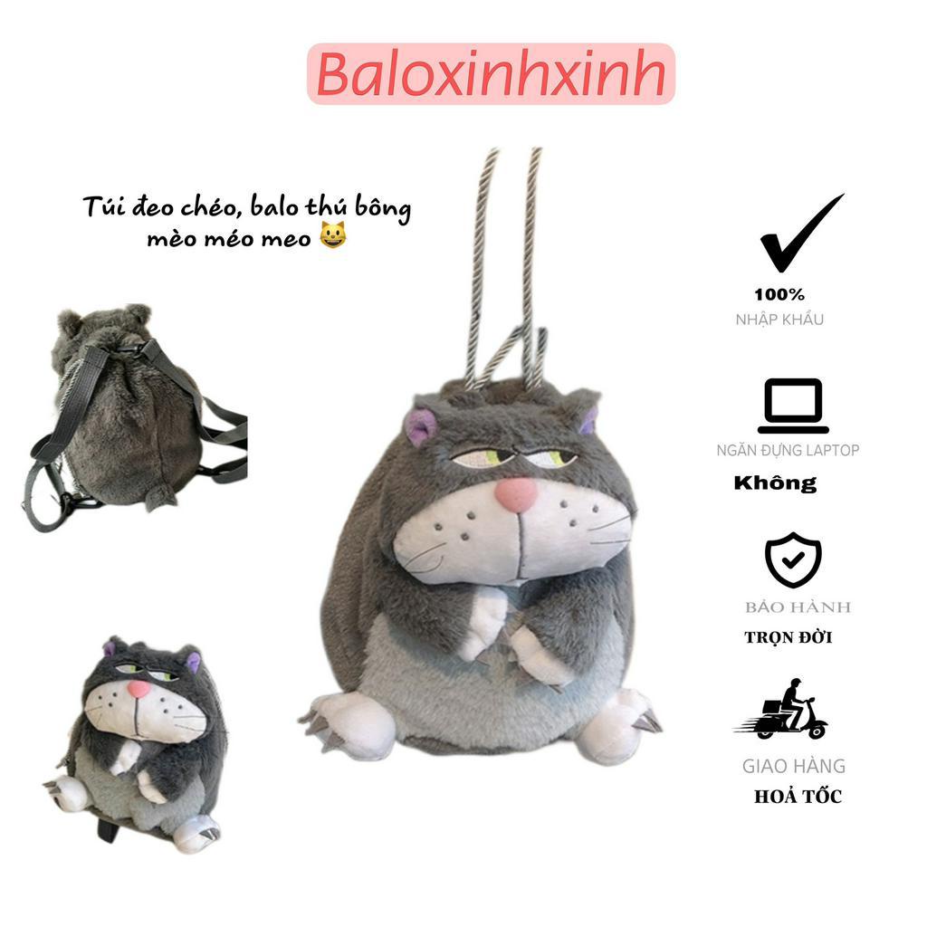 Balo mini kiêm túi đeo chéo thú bông hình con mèo đáng yêu, chất lông, size 17x25x14, mã Tuideoheomeo