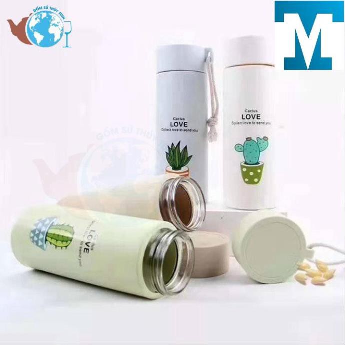 Bình giữ nhiệt lõi thủy tinh võ bọc nhựa in hình xương rồng 450ml đặc biệt có dây xách rất tiện lợi - BGN04