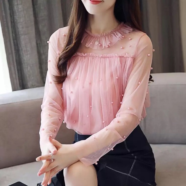Áo sơ mi nữ lưới đính hạt(kèm ảnh thật)