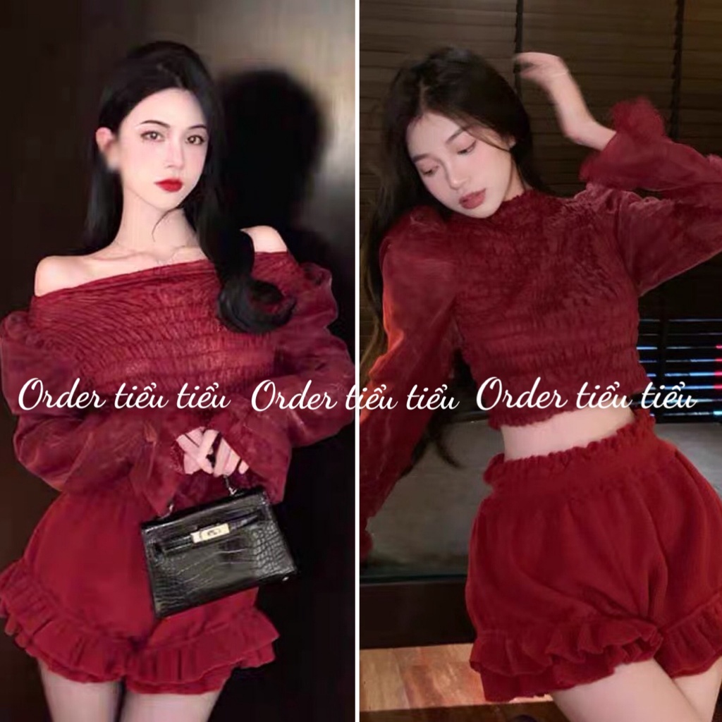 Áo Croptop dài tay đỏ đô lụa gân tay bồng siêu sang chảnh