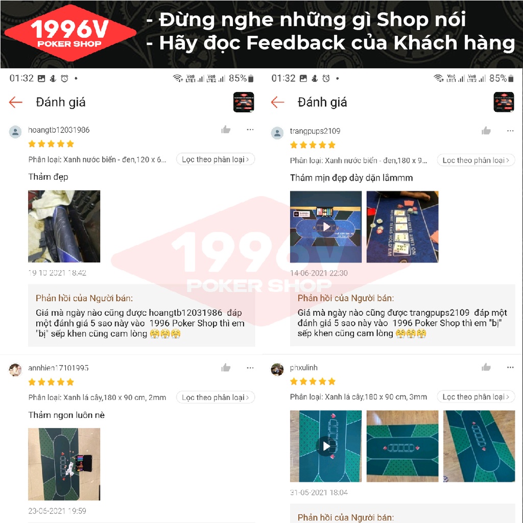 Thảm Poker cao su mặt nỉ trải bàn 10 chỗ chơi Pocker không số 120x60, 180x90cm  - 1996V Poker Shop