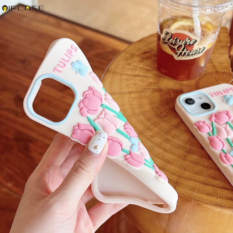 Ốp Điện Thoại Silicone Mềm Họa Tiết Hoa Tulip 3D Đơn Giản Cho iPhone 14 Plus 14 Pro Max