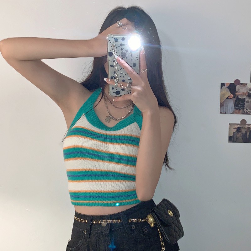 Cocory vn Áo croptop vải dệt kim kẻ sọc thời trang Hàn Quốc cho nữ