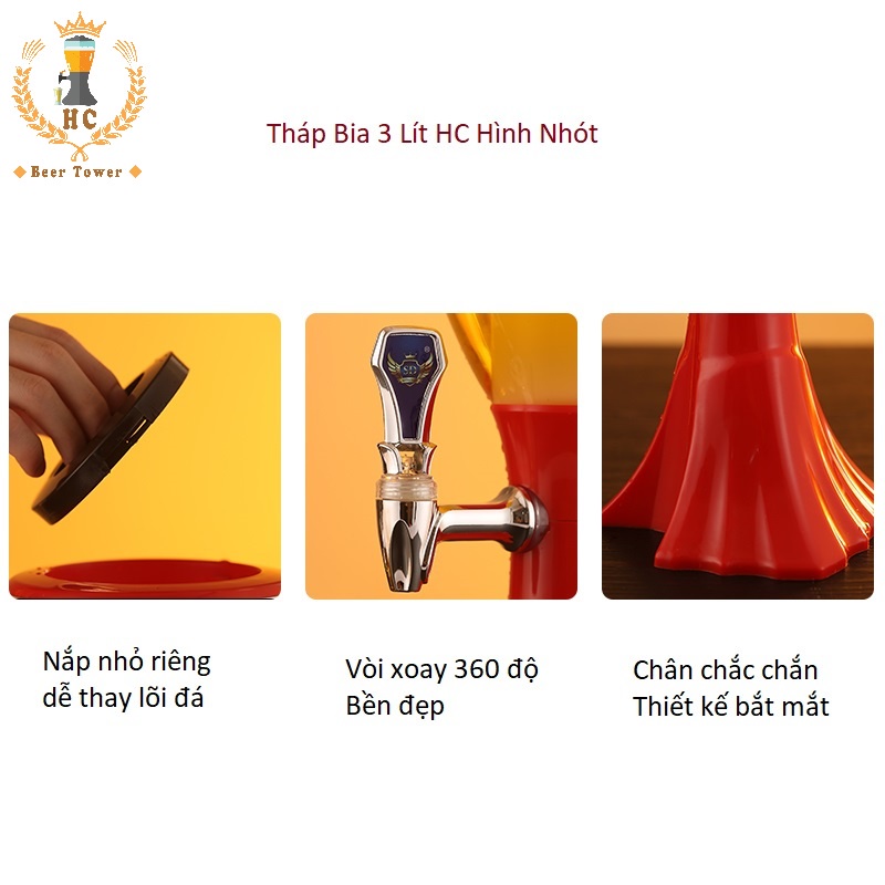 Tháp Bia 3 Lít HC298 Đựng Bia hơi tươi Trà sữa Lõi Đá Giữ Lạnh Đèn Led 7 Màu Có vòi Dùng quán beer, bar, party Mẫu 2021