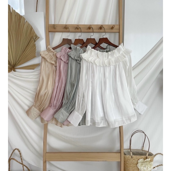 Áo nữ trễ vai tay dài phồng chất liệu orangza màu trắng xanh hồng vàng Np shop