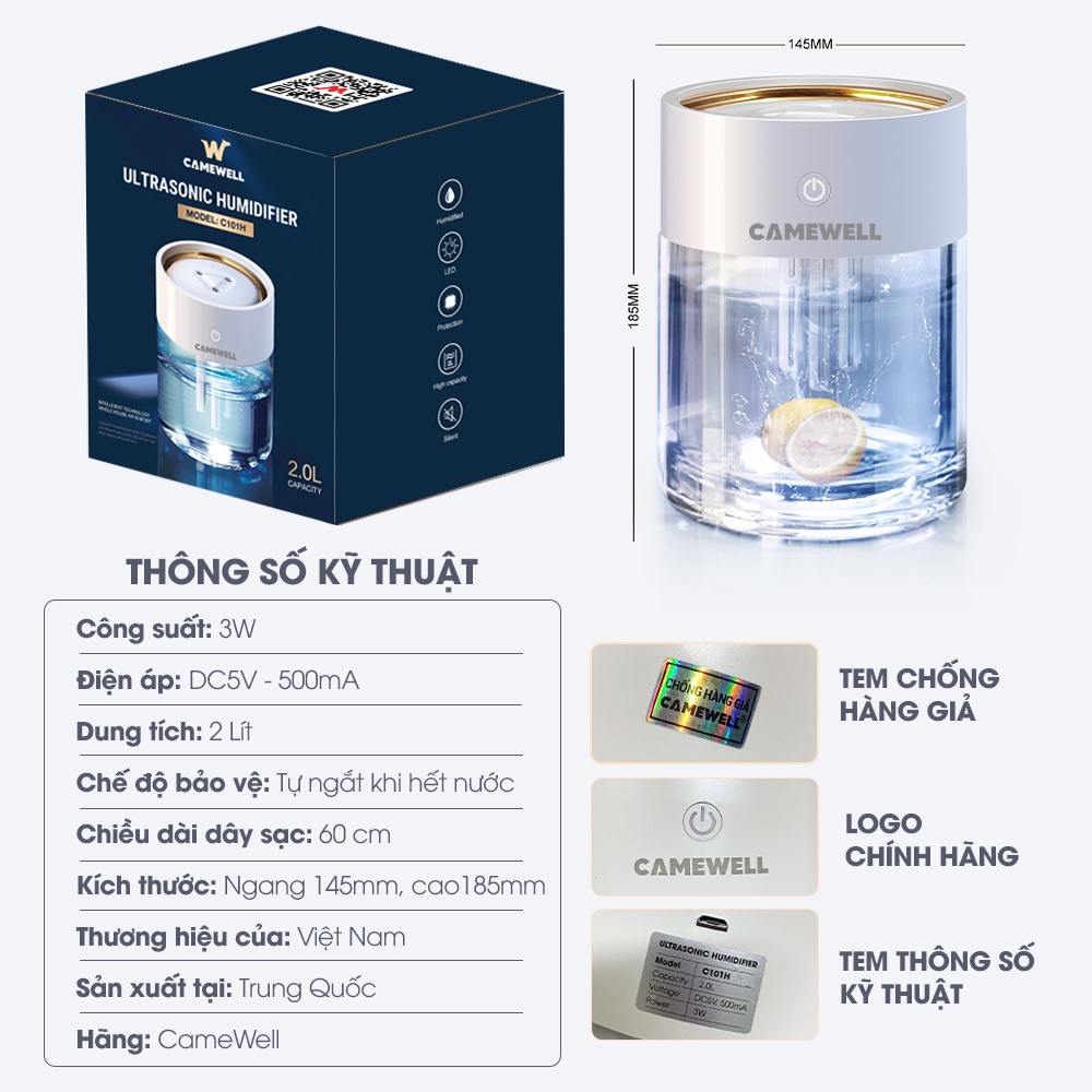Máy xông tinh dầu, máy phun sương mini tạo độ ẩm CameWell tích hợp đèn Led nhiều màu dung tích 2L C101H
