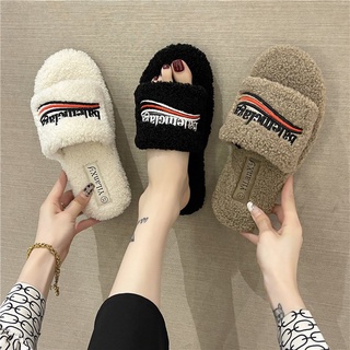 2021Dép Đi Bên Ngoài Dép Bông Nữ Đế Bằng Thời Trang Học Sinh Phong Cách Hàn Quốc Mẫu Mới Mùa Thu Đông