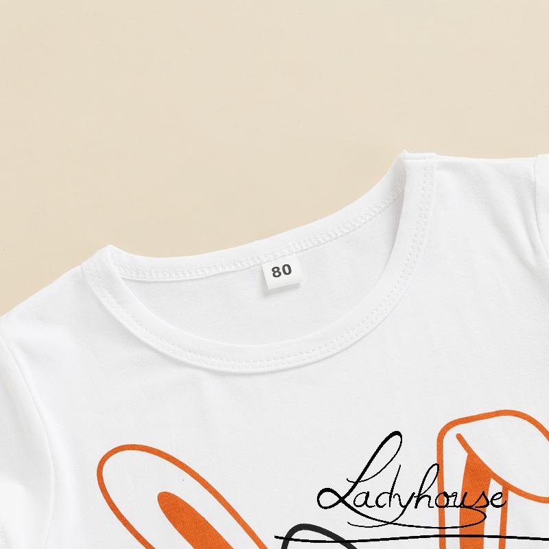 Áo thun cổ tròn in hình thỏ hoạt họa + quần short kẻ sọc phối thắt lưng phong cách mùa hè dành cho bé