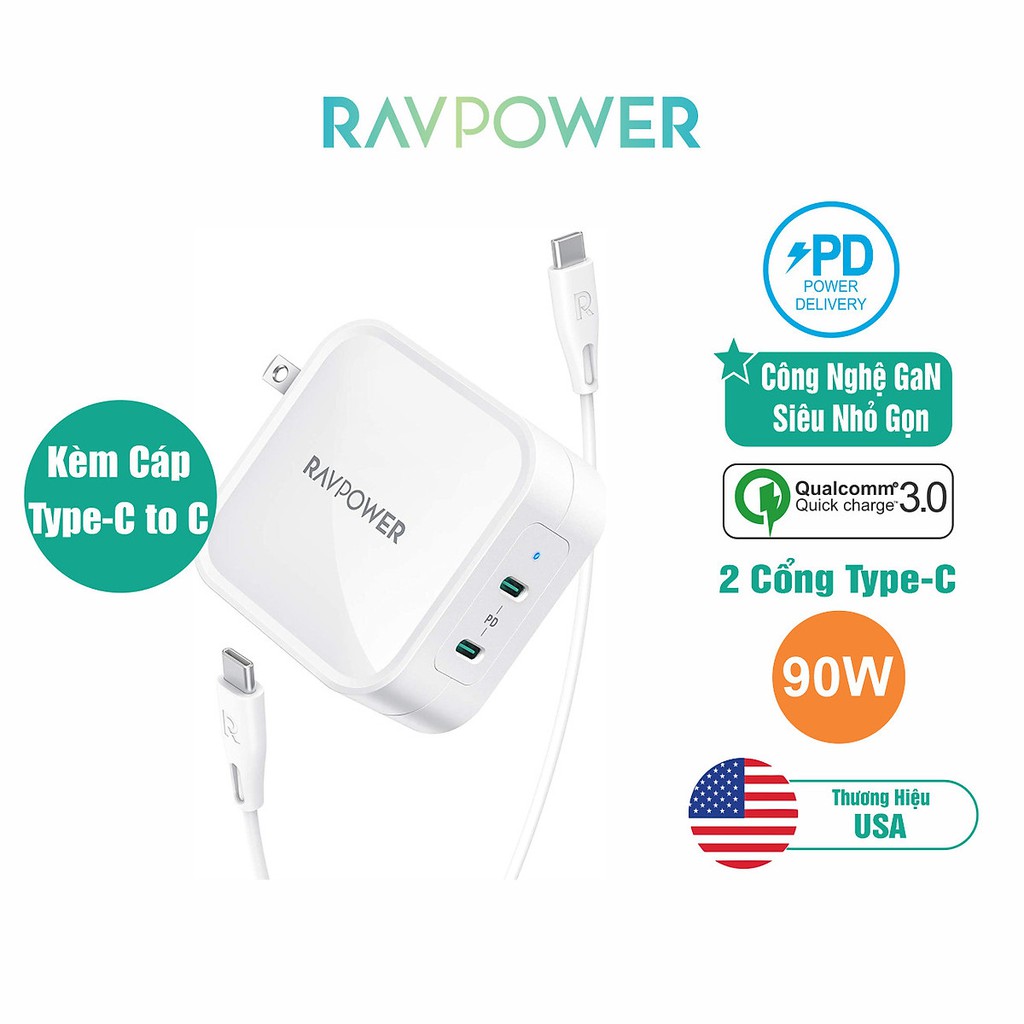 Củ Sạc RAVPower RP-PC128 PD 90W Công Nghệ GaN 2 Cổng Type-C Sạc Macbook, Smartphone, Tablet, Laptop - Hàng Chính Hãng