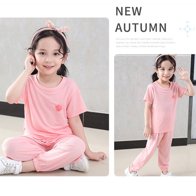[LF.VN] Set Áo Thun + Quần Dài Trơn Màu Bằng Lụa Lạnh Kích Thước 100-150cm Thời Trang Xuân Hè Dành Cho Bé