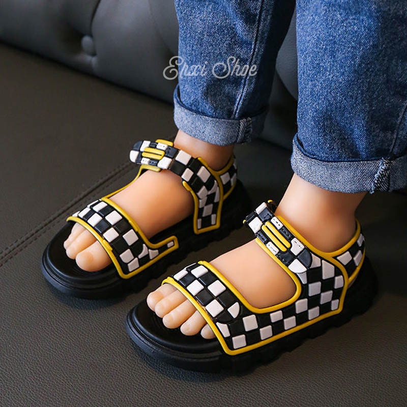 Xăng đan Hở Ngón Đế Bằng Chống Thấm Nước Họa Tiết Sọc Caro Cho Bé