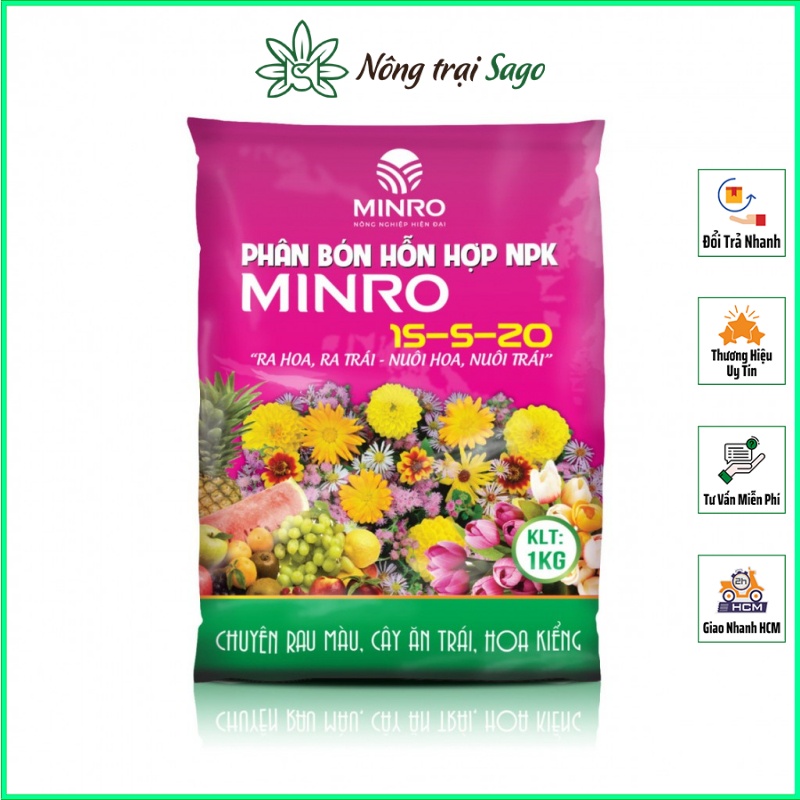 Phân Bón Kích Ra Hoa, Ra Trái - Nuôi Hoa, Nuôi Trái MINRO NPK 15-5-20 (Gói 1KG) - Nông Trại Sago