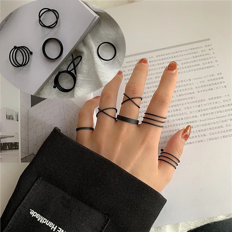 Set 3/6 Nhẫn Hở Màu Đen Trơn Mỏng Phong Cách Punk Vintage Có Thể Điều Chỉnh