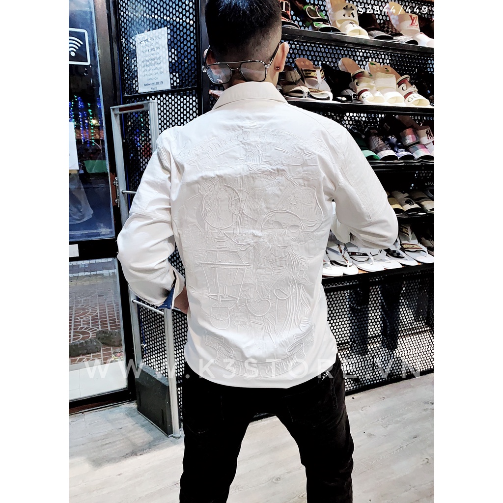 Áo sơ mi nam trắng tay dài thêu ẩn full lưng cướp biển đầu lâu chất kaki dày dặn co dãn nhẹ K3 STORE