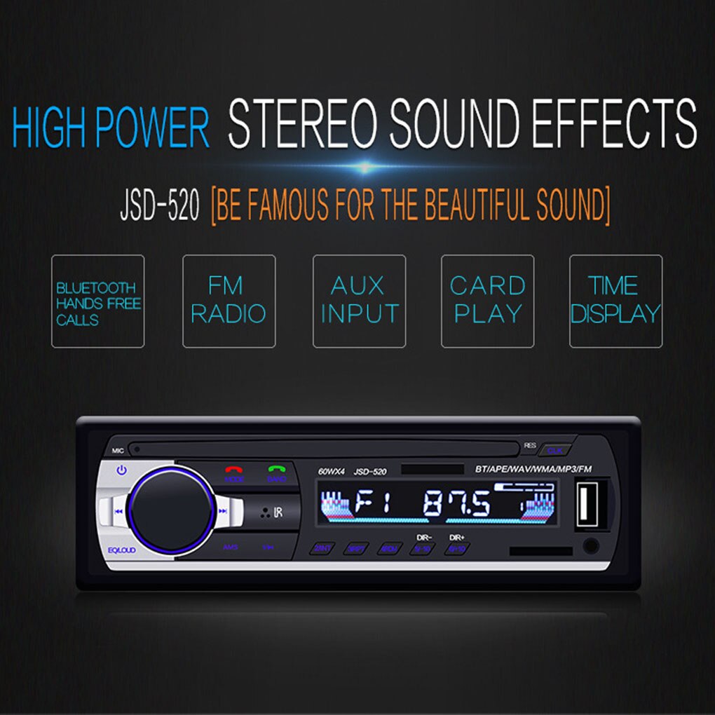 JSD-520 12V Stereo Bluetooth FM Radio Máy nghe nhạc MP3 Cổng USB / Cổng SD Xe hơi Radio In-Dash 1 Tiếng ồn Loa siêu trầm Auto Electronics