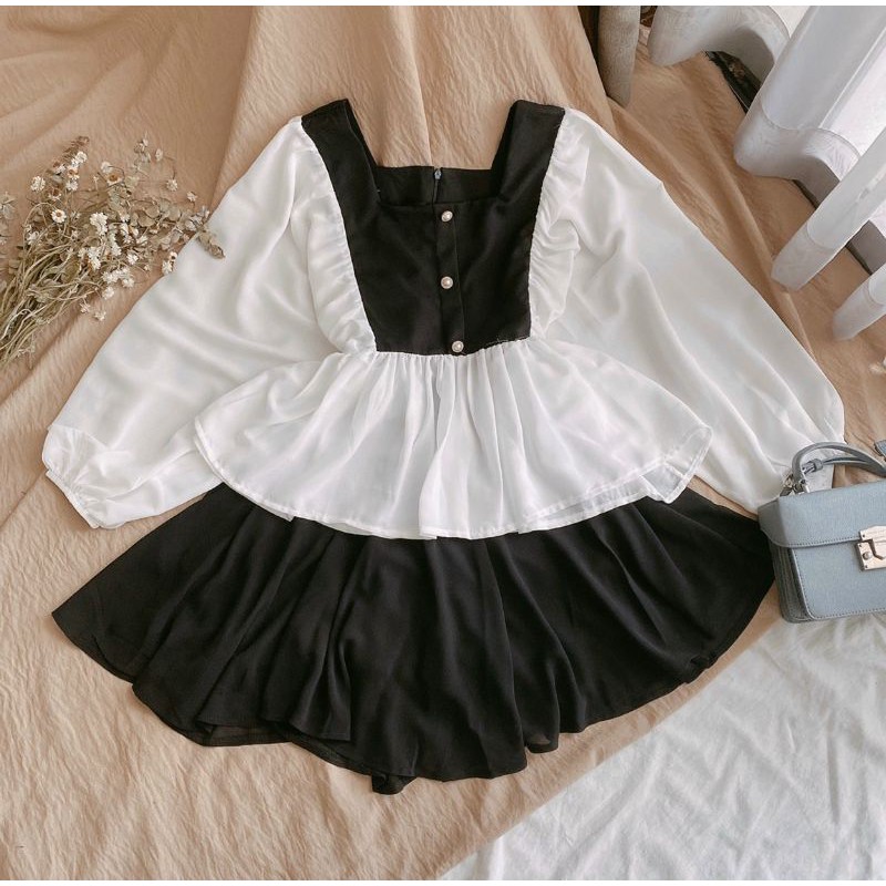 🎱Set áo voan trắng phối đen nút + cvay xoè🎱Một chiếc tay phồng đi kèm cv xoè nhẹ siêu dễ thương đây 🥰