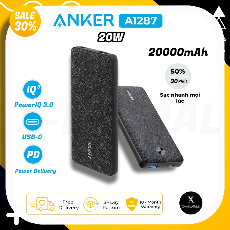 Sạc dự phòng Anker A1287 dung lượng 20000 mah cổng type C sạc nhanh 20W - bảo hành 12 tháng