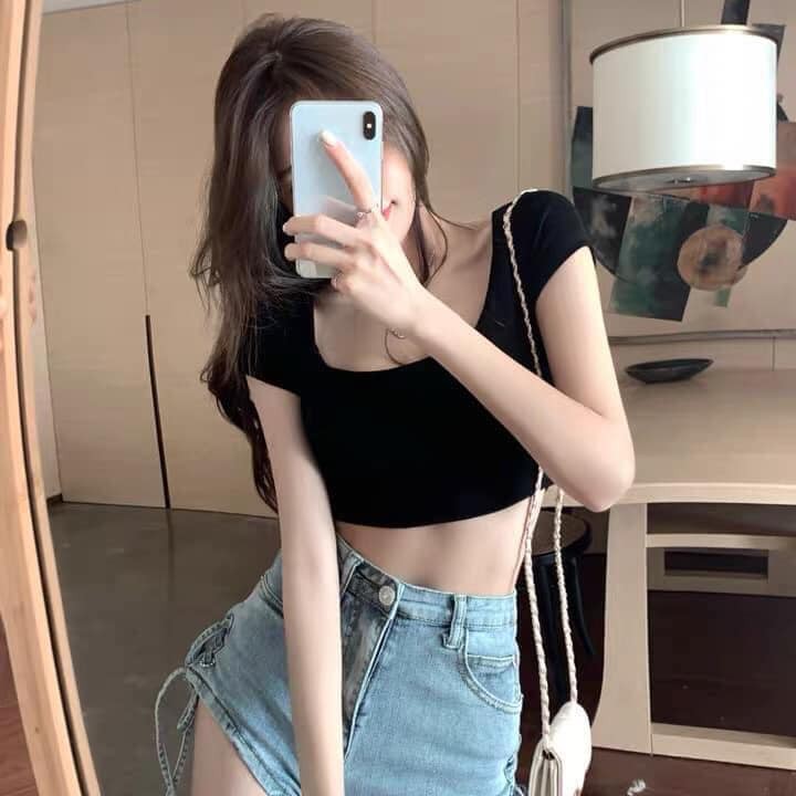 Áo Croptop Cổ Vuông Cộc Tay PEONYB Nữ [FREESHIP] 🌸 Thun trơn body dáng ôm, phông ngắn sexy màu TRẮNG | ĐEN Ulzzang HOT 🌸 | BigBuy360 - bigbuy360.vn