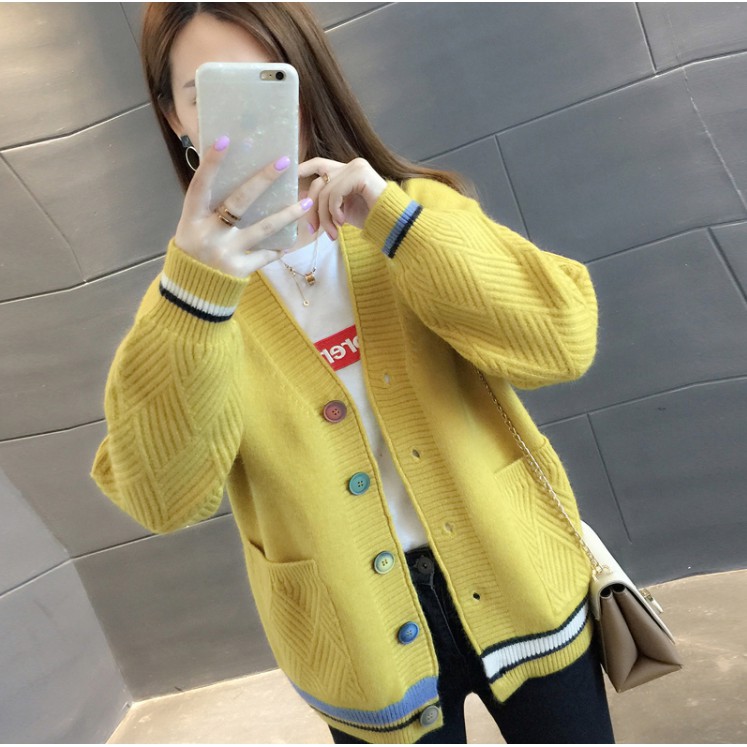 [ Mã 12FASHIONSALE1 giảm 10K đơn 50K ] Áo Khoác Cardigan Màu Trơn Cổ Chữ V Phối Nút Có Màu Phong Cách Hàn Quốc Cho Nữ