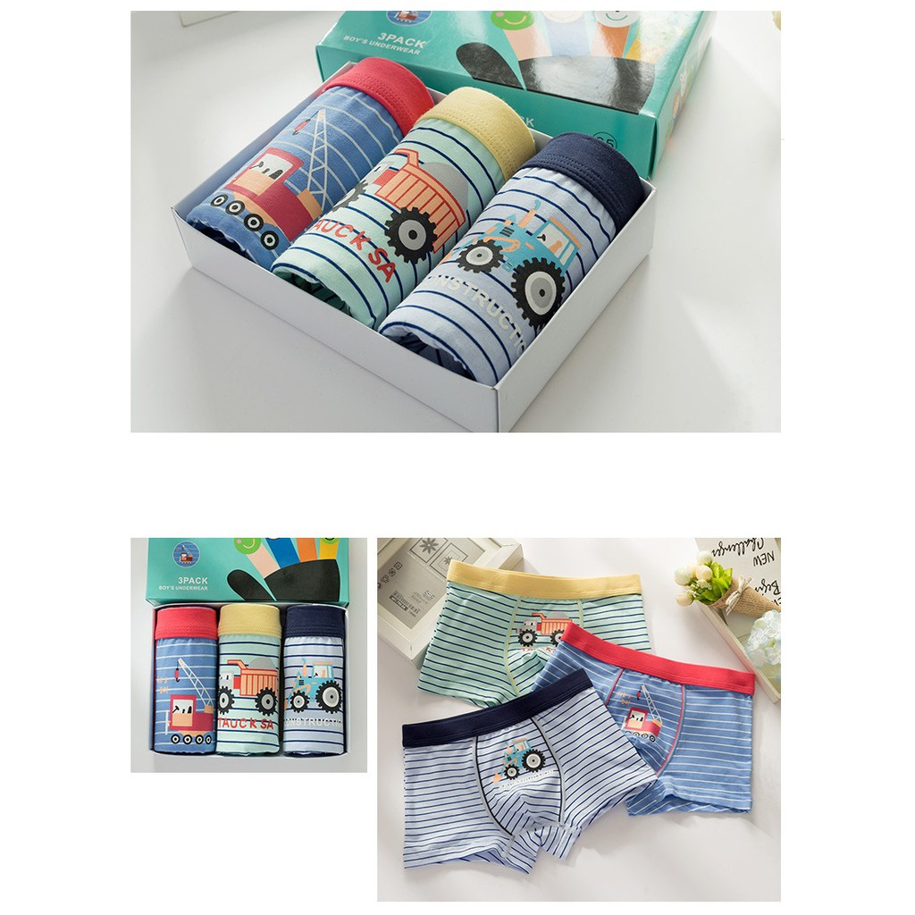 Hộp 3 quần lót dạng đùi Boxer bé trai Hàn Quốc 100% cotton mẫu Xe Công Trường