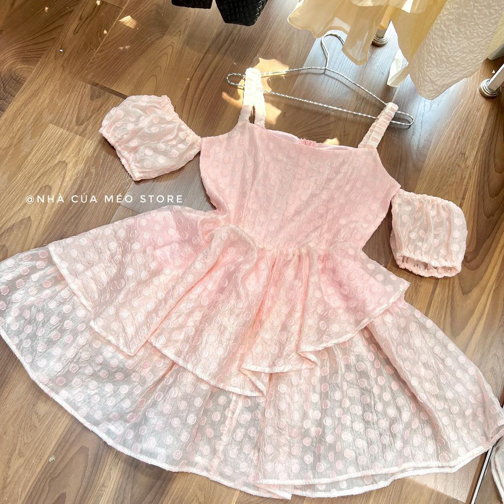 Đầm công chúa 2 dây to rớt vai hai tầng xéo ba màu