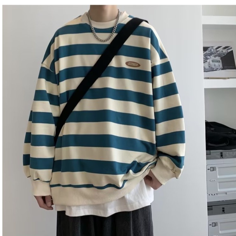 Size M-5XL Áo Sweater Cổ Tròn Dáng Rộng Họa Tiết Kẻ Sọc Màu Tương Phản Phong Cách Nhật Bản Thời Trang Cho Nam Và Nữ