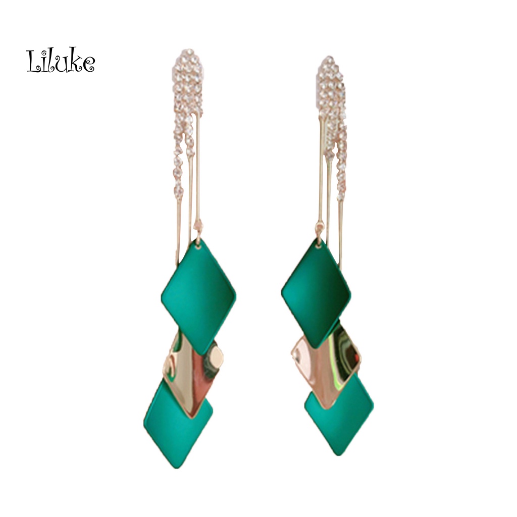 1 Đôi Bông Tai Dáng Dài Hình Thoi Đính Đá Xinh Xắn Thời Trang