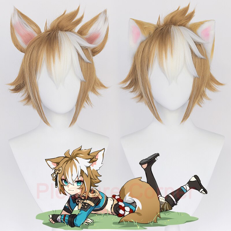 Genshin impacto gorou cosplay perucas de pelúcia orelha mista cor resistente ao calor peruca anime cosplay acessórios terno