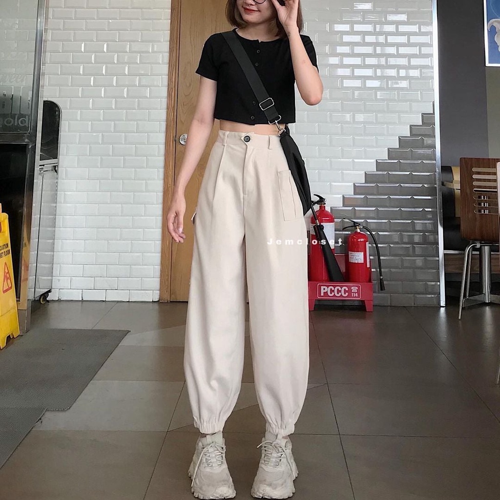 Quần Jogger Nữ Ống Rộng JEM CLOSET Chất Nhung Gân Quần Jogger Túi Hộp Nữ MOLEE Dáng Dài Che Khuyết Điểm Chân To 2647