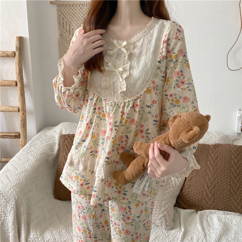 Set bộ mặc nhà hoa nhí vàng phối ren tiểu thư quảng châu