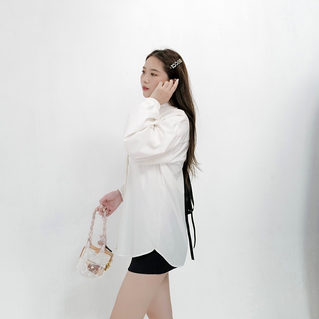 Áo sơmi cổ tàu rút dây chống nhăn trắng tingoan sài gòn HAZY BABY SHIRT/WH