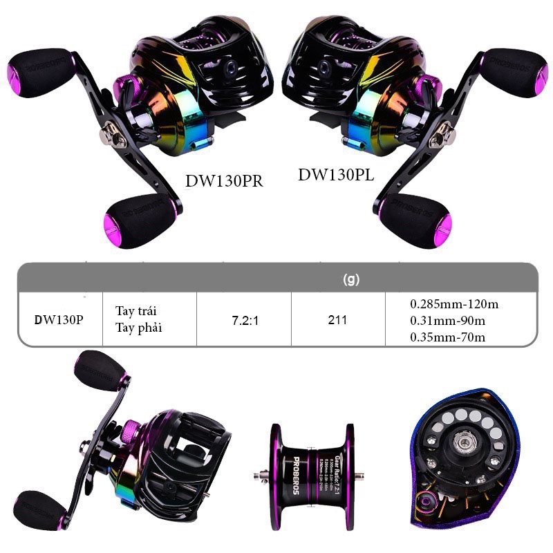 Máy câu ngang Proberos tay trái và tay phải tải cá 10kg mữ DW130P