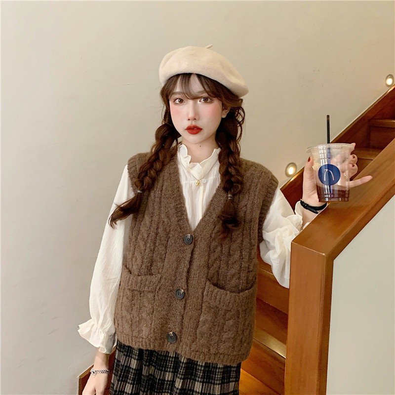 Áo gile len nâu mix sơ mi bèo xinh | BigBuy360 - bigbuy360.vn