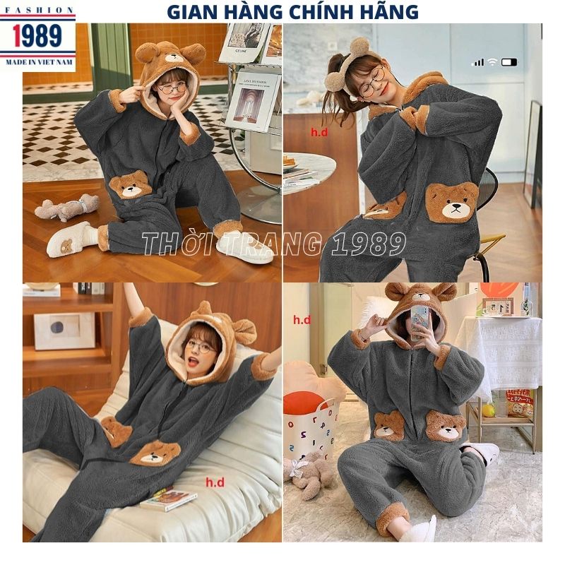 Bộ ngủ lông gấu xám siêu kute dễ thương ,đồ mặc nhà ấm áp mùa đông kiểu dáng hàn quốc ulzzang -PHƯƠNG
