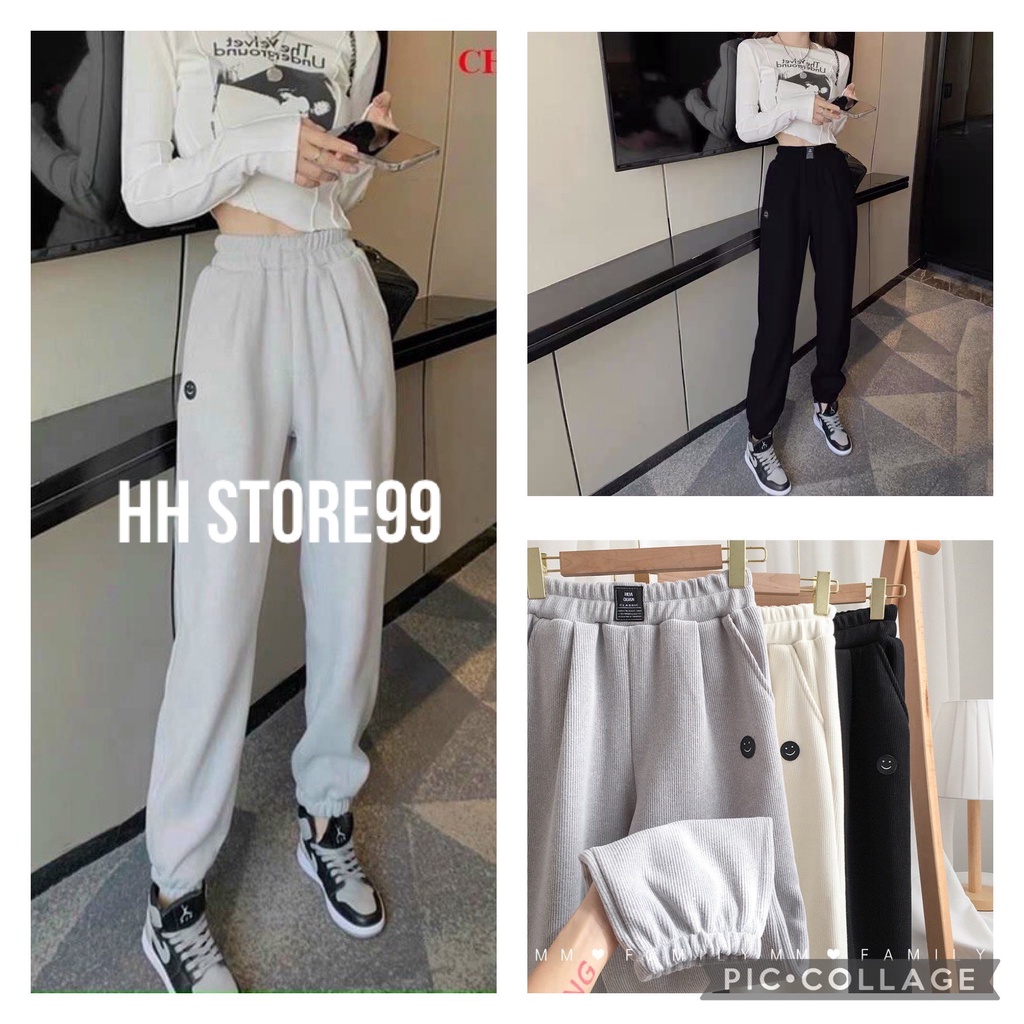 Quần nỉ nữ bom gấu trơn basic dáng thụng Quần nỉ jogger nam nữ len tăm bo gấu logo MẶT CƯỜI   Freeship  Sale
